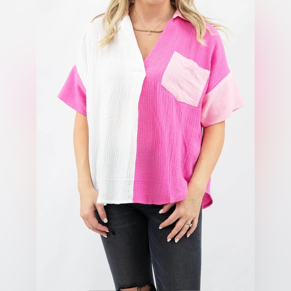 Entro Pink Color Block Style Button Up Top‎